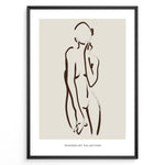 Load image into Gallery viewer, Framed minimalist poster featuring abstract brown line art of a female silhouette on a beige background with “Minimalist Collection” text.
