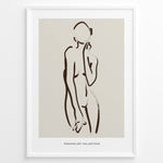 Load image into Gallery viewer, Framed minimalist poster featuring abstract brown line art of a female silhouette on a beige background with “Minimalist Collection” text.
