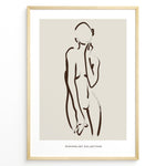 Load image into Gallery viewer, Framed minimalist poster featuring abstract brown line art of a female silhouette on a beige background with “Minimalist Collection” text.
