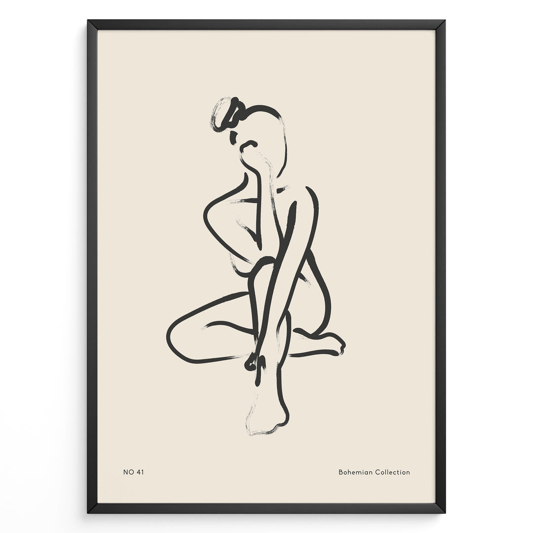 Framed bohemian collection poster featuring minimalist black line art of a seated female silhouette on a beige background with subtle text.