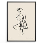 Load image into Gallery viewer, Framed bohemian collection poster featuring minimalist black line art of a seated female silhouette on a beige background with subtle text.

