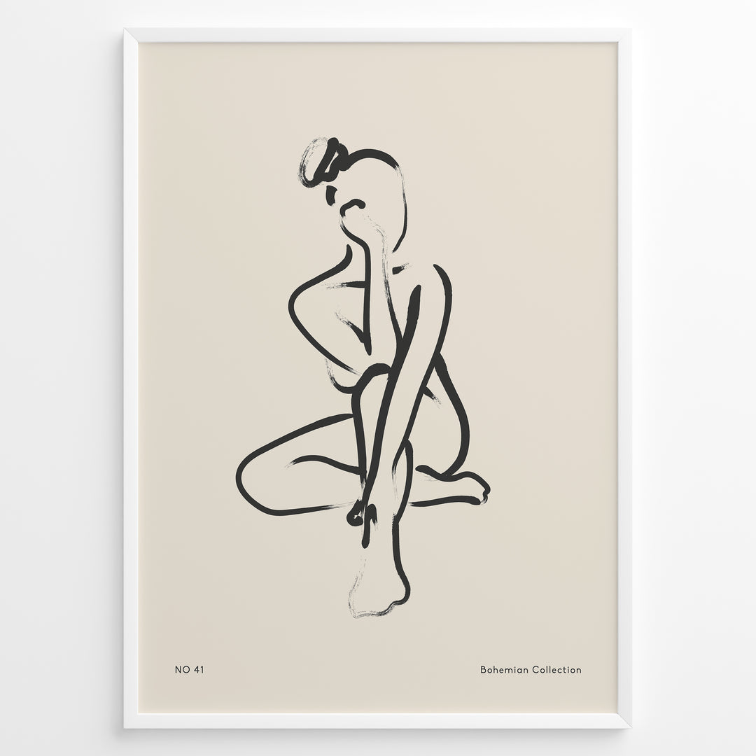 Framed bohemian collection poster featuring minimalist black line art of a seated female silhouette on a beige background with subtle text.