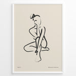 Load image into Gallery viewer, Framed bohemian collection poster featuring minimalist black line art of a seated female silhouette on a beige background with subtle text.
