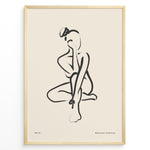 Load image into Gallery viewer, Framed bohemian collection poster featuring minimalist black line art of a seated female silhouette on a beige background with subtle text.
