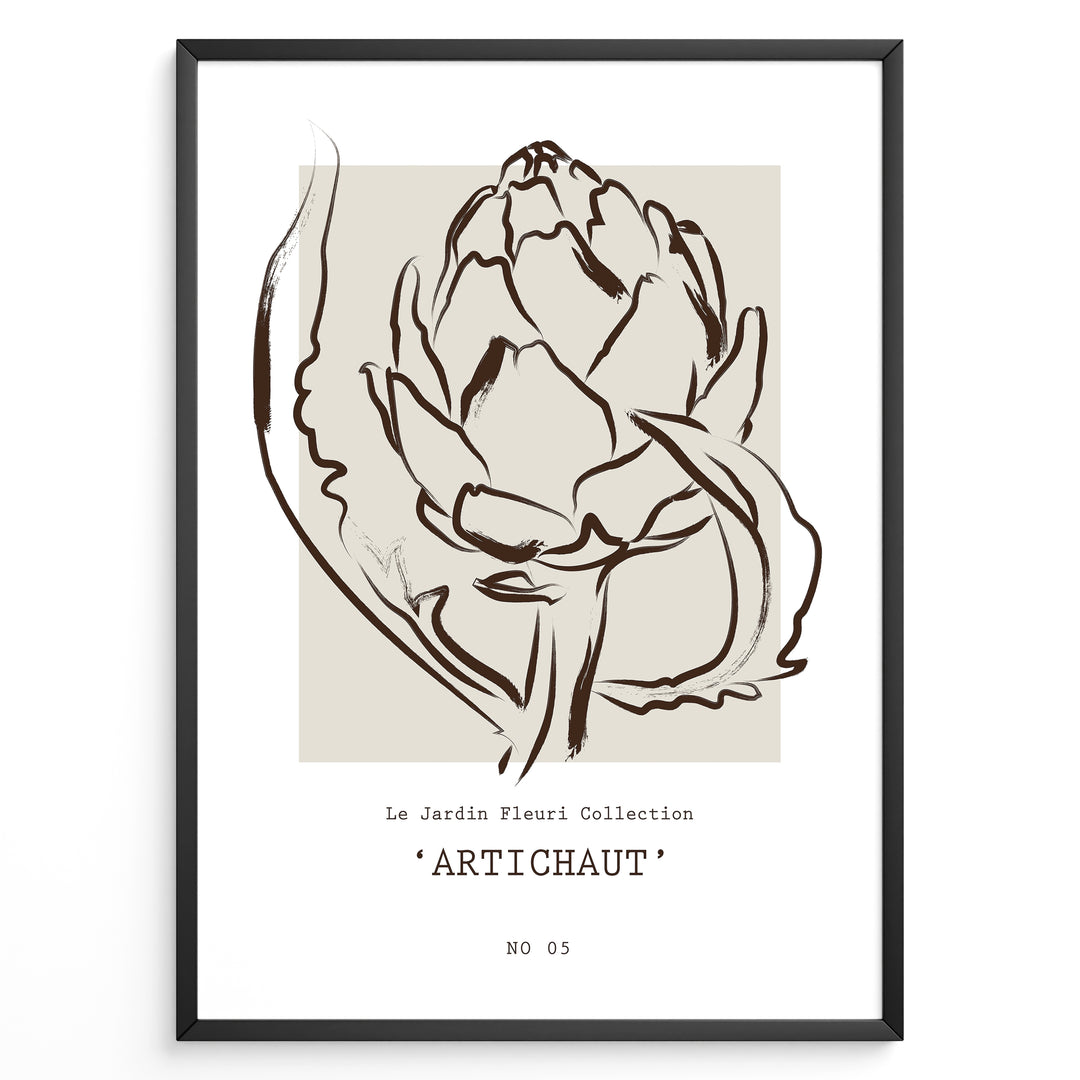 Framed Artichaut poster with minimalist brown line art of an artichoke flower on a beige square background, from Le Jardin Fleurí Collection.