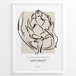 Load image into Gallery viewer, Framed Artichaut poster with minimalist brown line art of an artichoke flower on a beige square background, from Le Jardin Fleurí Collection.
