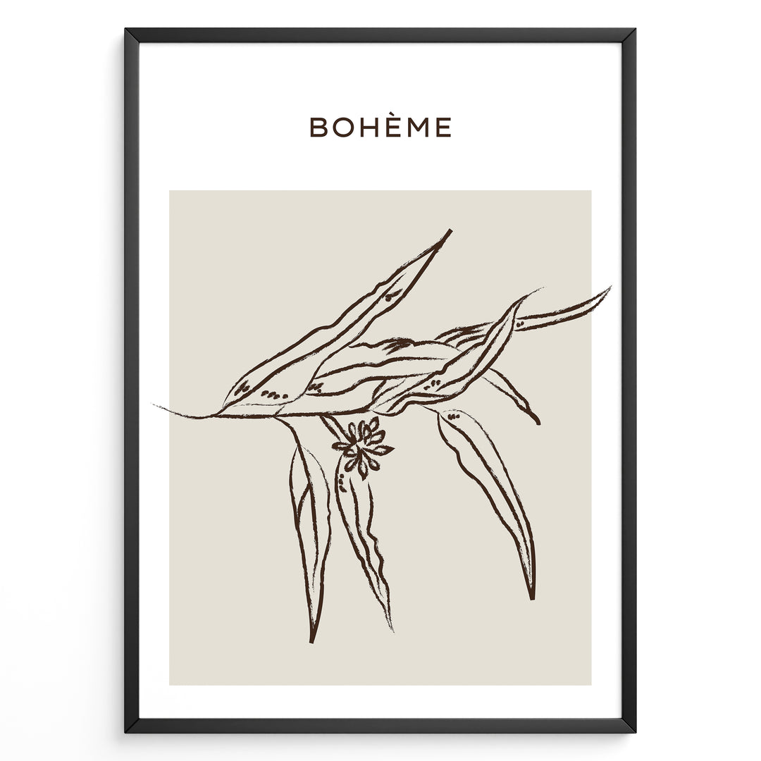 Framed Bohème poster featuring minimalist brown line art of botanical leaves and a small flower on a beige square background.