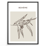 Load image into Gallery viewer, Framed Bohème poster featuring minimalist brown line art of botanical leaves and a small flower on a beige square background.
