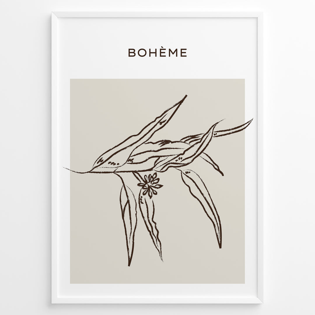 Framed Bohème poster featuring minimalist brown line art of botanical leaves and a small flower on a beige square background.
