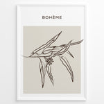 Load image into Gallery viewer, Framed Bohème poster featuring minimalist brown line art of botanical leaves and a small flower on a beige square background.
