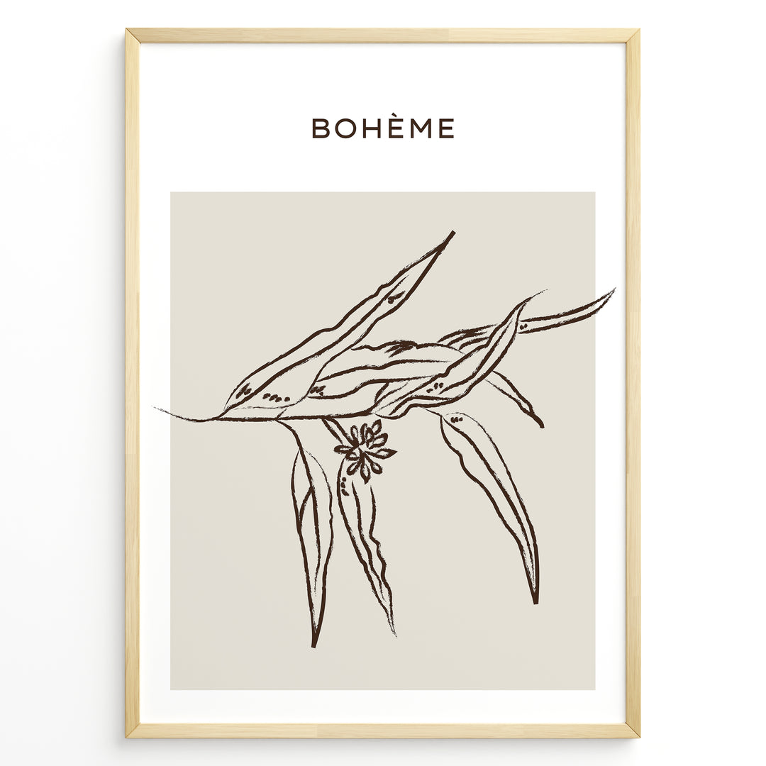 Framed Bohème poster featuring minimalist brown line art of botanical leaves and a small flower on a beige square background.
