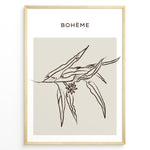 Load image into Gallery viewer, Framed Bohème poster featuring minimalist brown line art of botanical leaves and a small flower on a beige square background.
