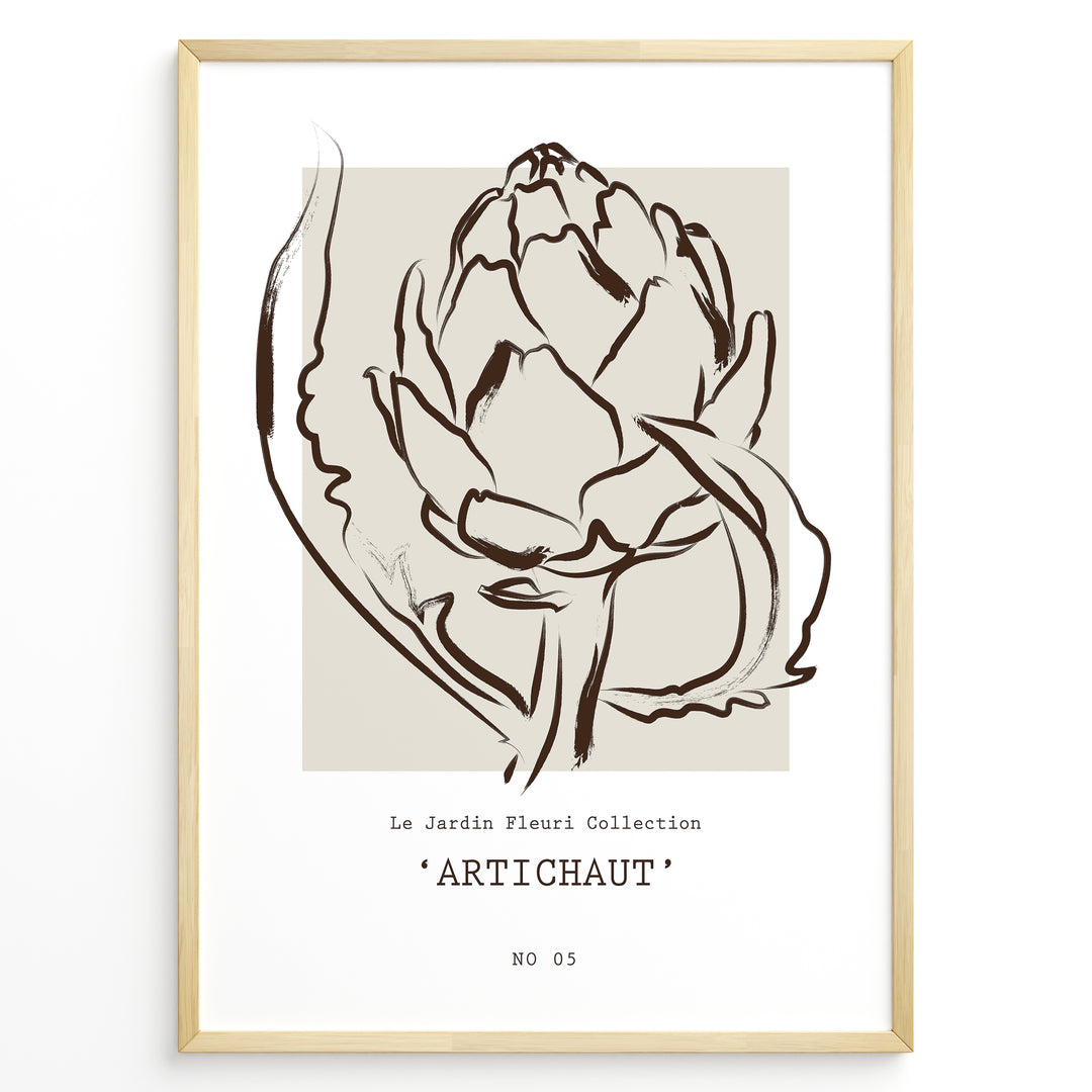 Framed Artichaut poster with minimalist brown line art of an artichoke flower on a beige square background, from Le Jardin Fleurí Collection.