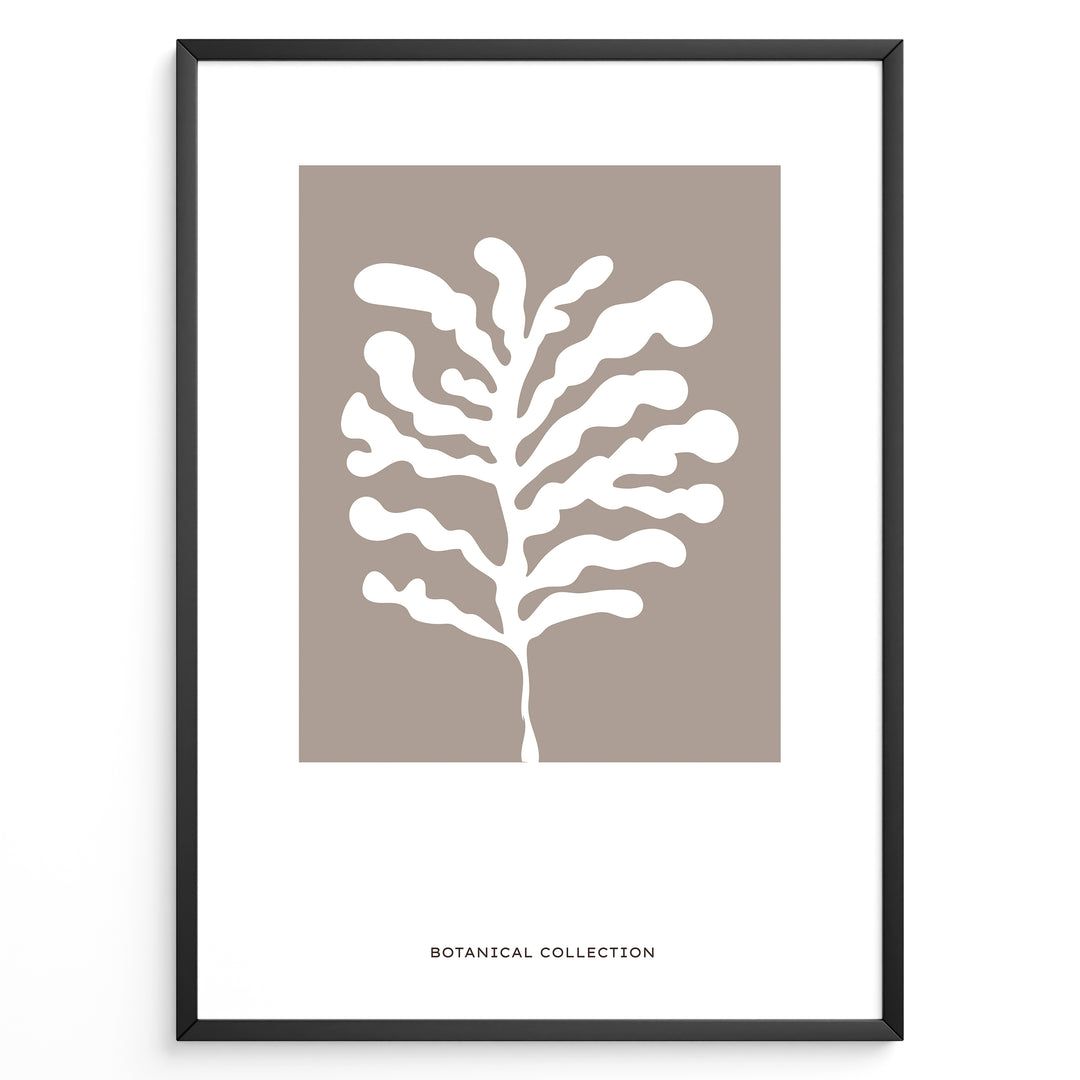 Framed botanical wall art poster showing a white abstract plant design on a taupe background.