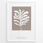 Load image into Gallery viewer, Framed botanical wall art poster showing a white abstract plant design on a taupe background.
