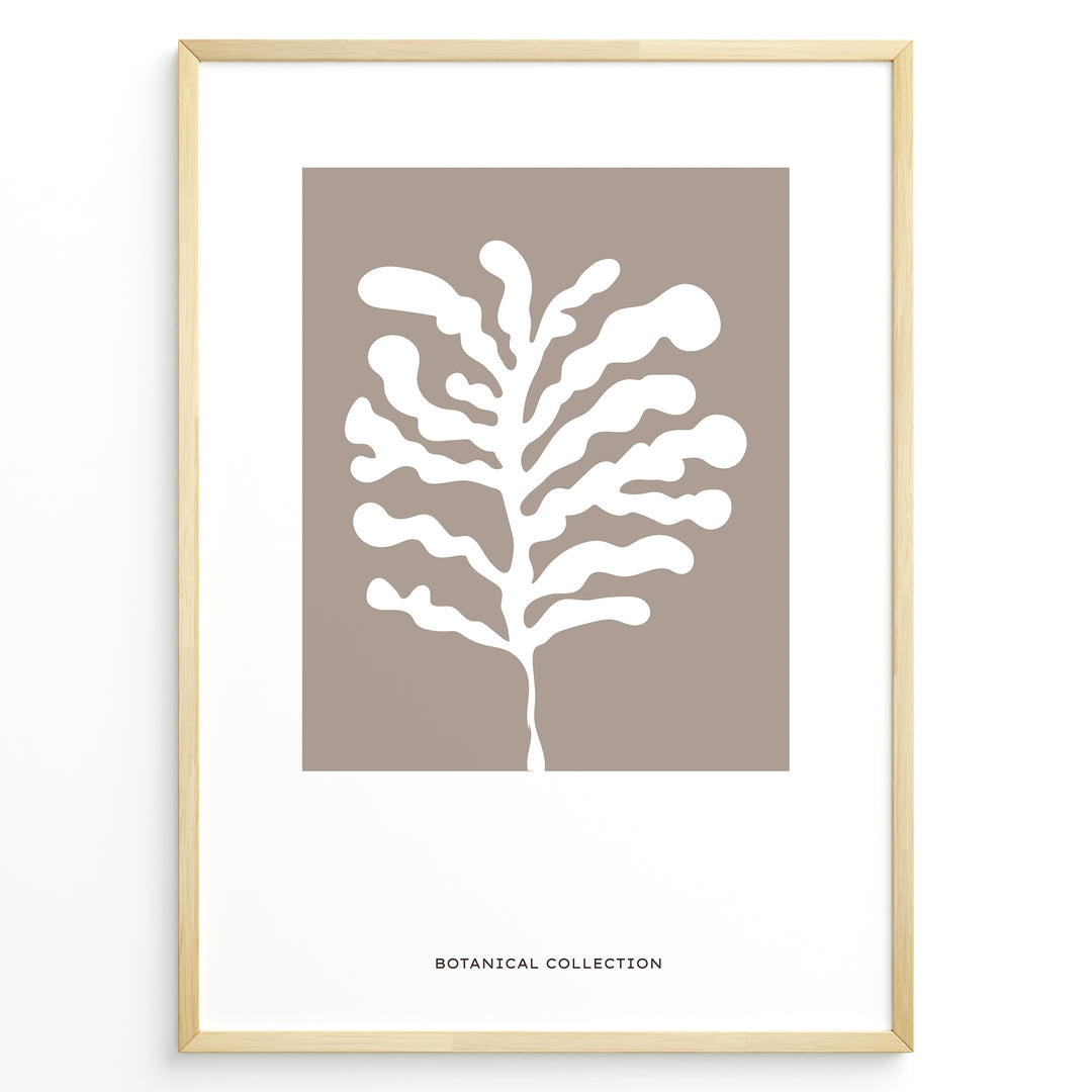 Framed botanical wall art poster showing a white abstract plant design on a taupe background.