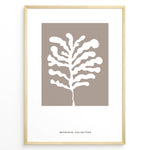Load image into Gallery viewer, Framed botanical wall art poster showing a white abstract plant design on a taupe background.
