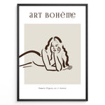 Load image into Gallery viewer, Framed Art Bohème poster featuring minimalist brown line art of a reclining woman with flowing hair on a beige background.
