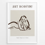 Load image into Gallery viewer, Framed Art Bohème poster featuring minimalist brown line art of a reclining woman with flowing hair on a beige background.
