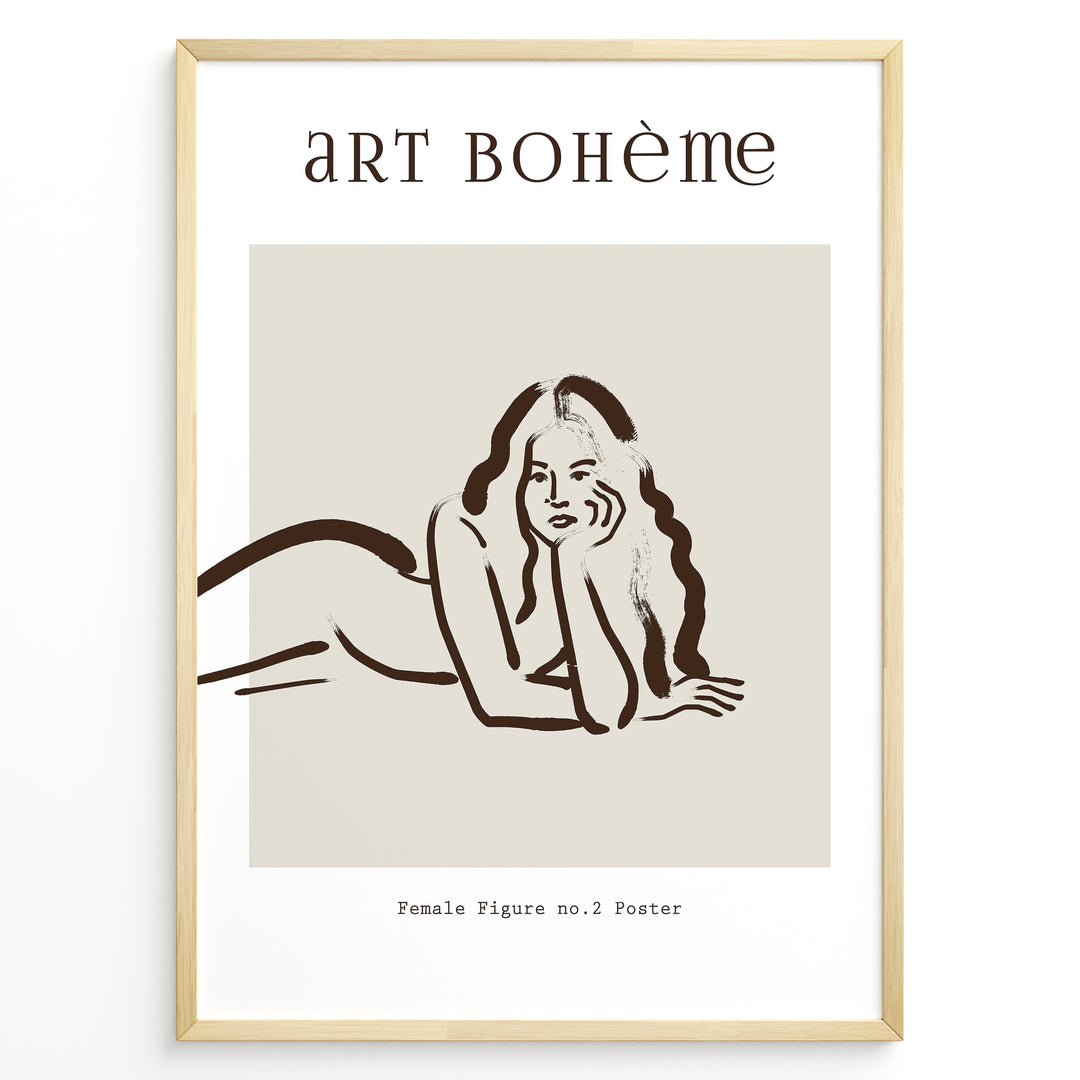 Framed Art Bohème poster featuring minimalist brown line art of a reclining woman with flowing hair on a beige background.