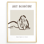 Load image into Gallery viewer, Framed Art Bohème poster featuring minimalist brown line art of a reclining woman with flowing hair on a beige background.
