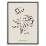 Load image into Gallery viewer, Framed Jardin Collection poster featuring brown line art of blooming peony flowers and leaves on a beige background in a minimalist style.

