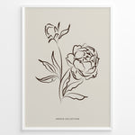 Load image into Gallery viewer, Framed Jardin Collection poster featuring brown line art of blooming peony flowers and leaves on a beige background in a minimalist style.

