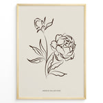 Load image into Gallery viewer, Framed Jardin Collection poster featuring brown line art of blooming peony flowers and leaves on a beige background in a minimalist style.
