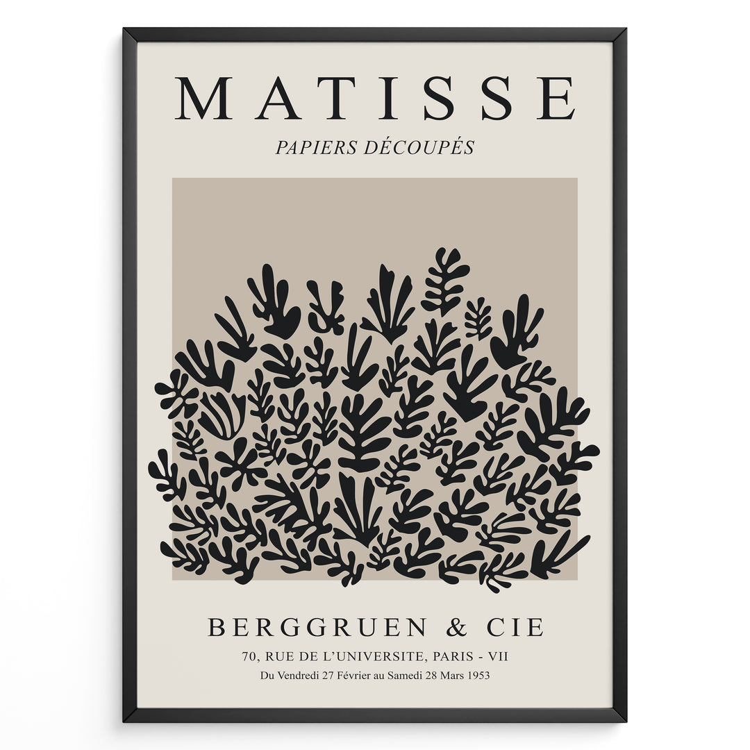 Framed Matisse Papiers Découpés poster featuring black botanical cut-out shapes on a taupe background.