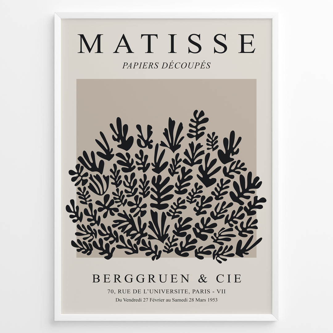 Framed Matisse Papiers Découpés poster featuring black botanical cut-out shapes on a taupe background.