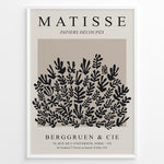 Load image into Gallery viewer, Framed Matisse Papiers Découpés poster featuring black botanical cut-out shapes on a taupe background.
