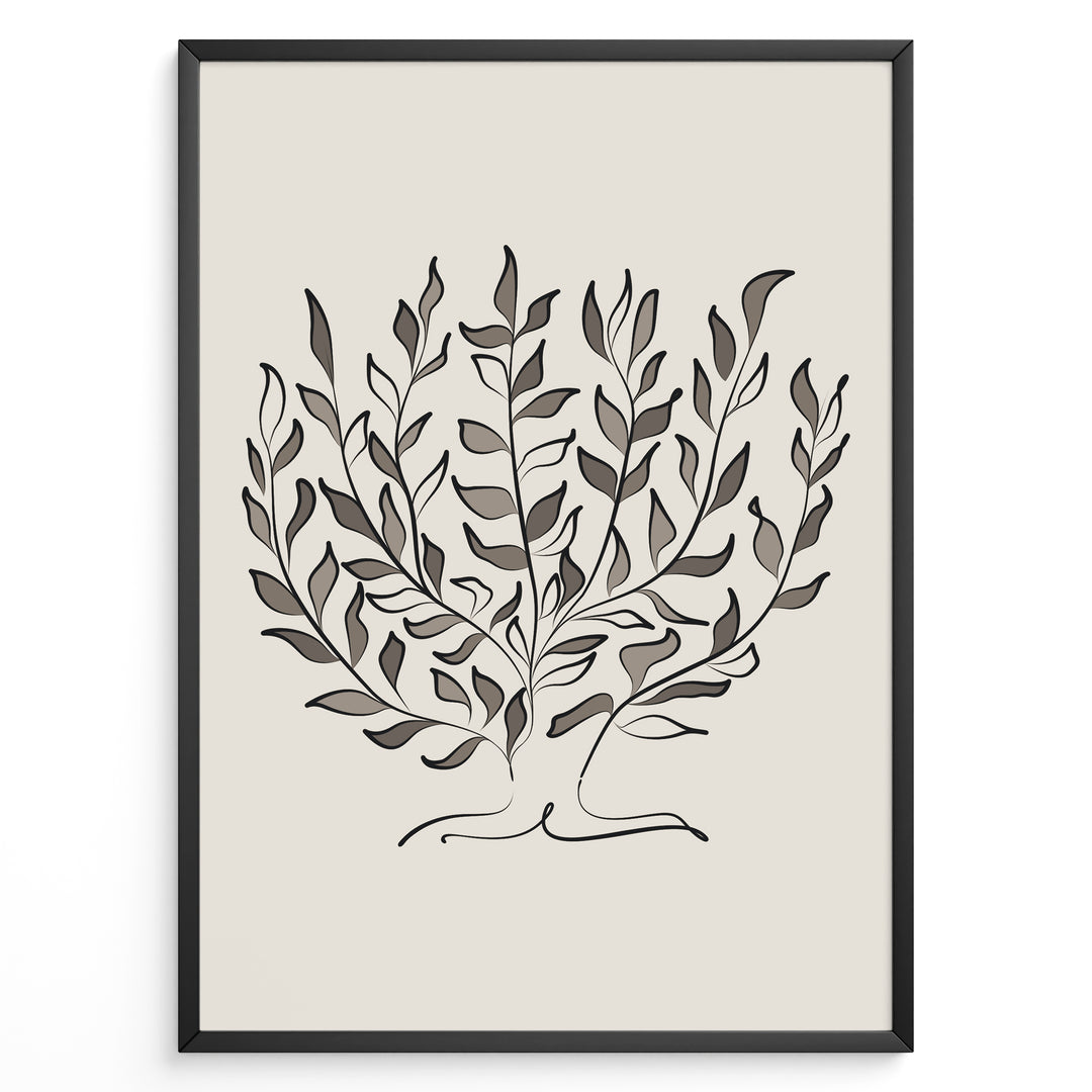 Framed minimalist botanical poster with abstract hand-drawn leaves in brown and black tones on a light beige background.