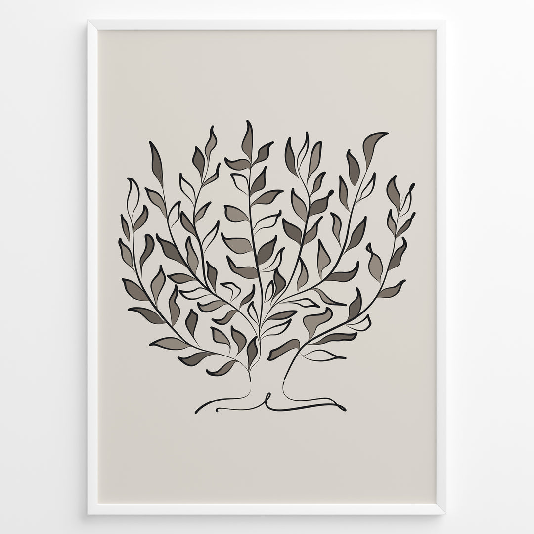 Framed minimalist botanical poster with abstract hand-drawn leaves in brown and black tones on a light beige background.