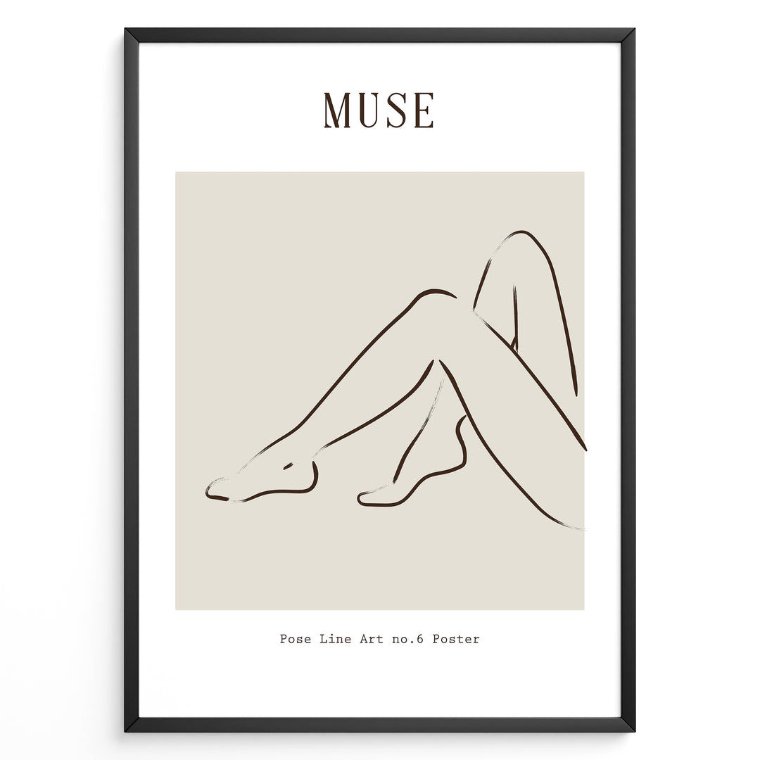 Framed minimalist “Muse” poster showing abstract female legs in a graceful sitting pose with soft brown lines on a neutral beige background.