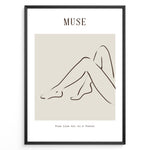 Load image into Gallery viewer, Framed minimalist “Muse” poster showing abstract female legs in a graceful sitting pose with soft brown lines on a neutral beige background.
