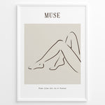 Load image into Gallery viewer, Framed minimalist “Muse” poster showing abstract female legs in a graceful sitting pose with soft brown lines on a neutral beige background.
