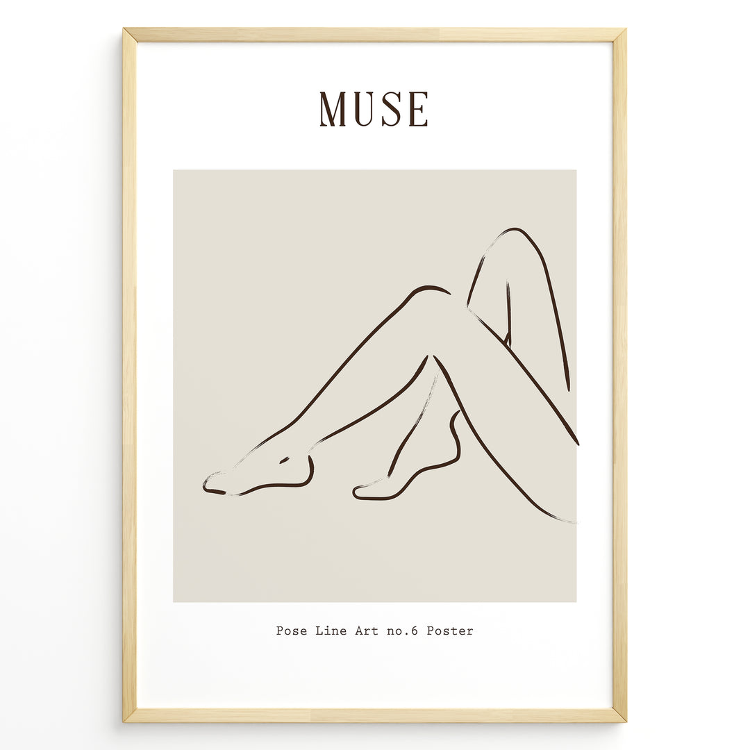 Framed minimalist “Muse” poster showing abstract female legs in a graceful sitting pose with soft brown lines on a neutral beige background.