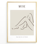 Load image into Gallery viewer, Framed minimalist “Muse” poster showing abstract female legs in a graceful sitting pose with soft brown lines on a neutral beige background.
