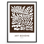 Load image into Gallery viewer, Framed Art Bohème poster showing abstract white leaf patterns on a dark brown background with minimalist text at the bottom.
