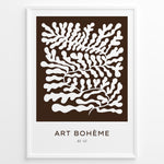 Load image into Gallery viewer, Framed Art Bohème poster showing abstract white leaf patterns on a dark brown background with minimalist text at the bottom.
