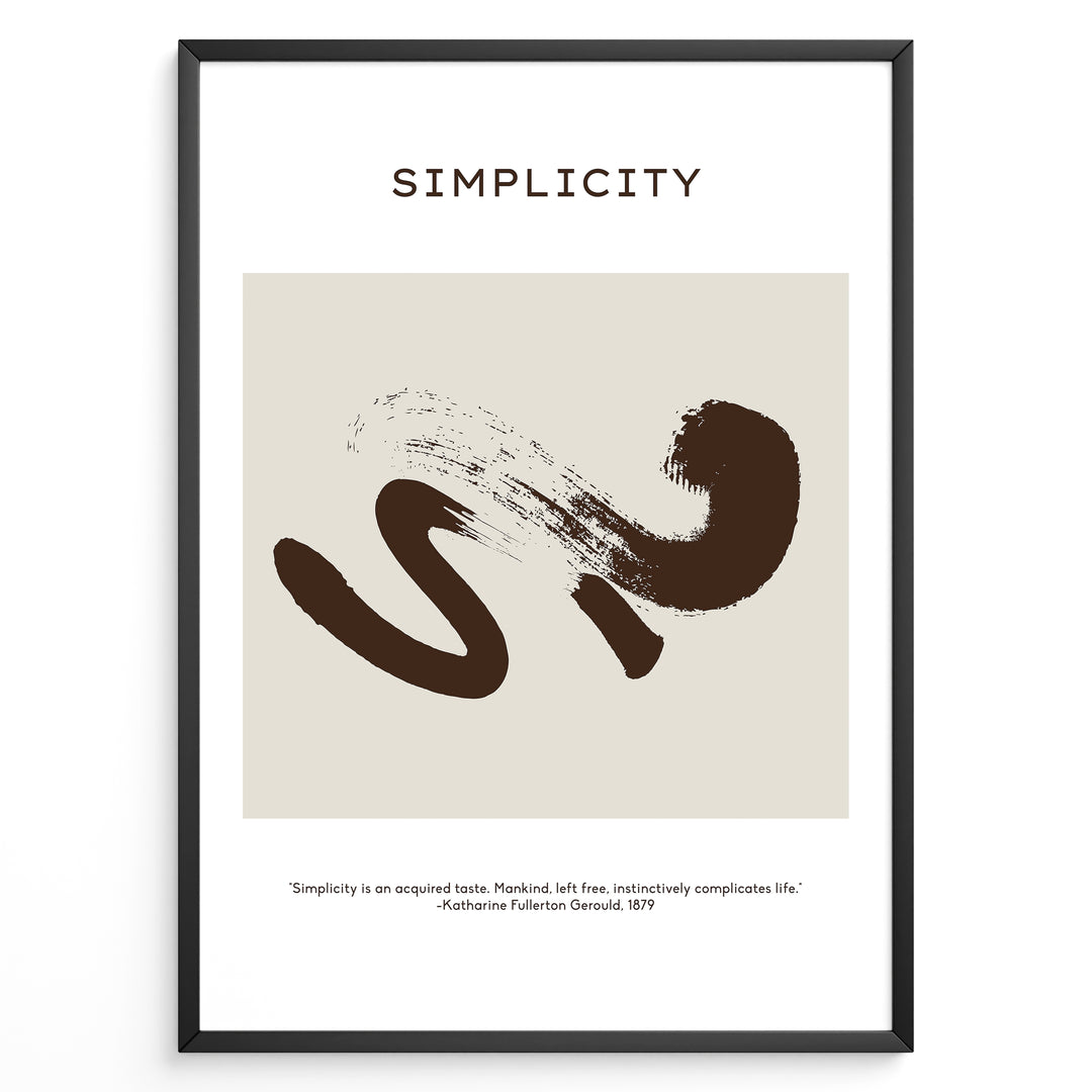 Framed “Simplicity” poster featuring a brown abstract brushstroke design on a beige background with a motivational quote at the bottom.