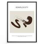 Load image into Gallery viewer, Framed “Simplicity” poster featuring a brown abstract brushstroke design on a beige background with a motivational quote at the bottom.

