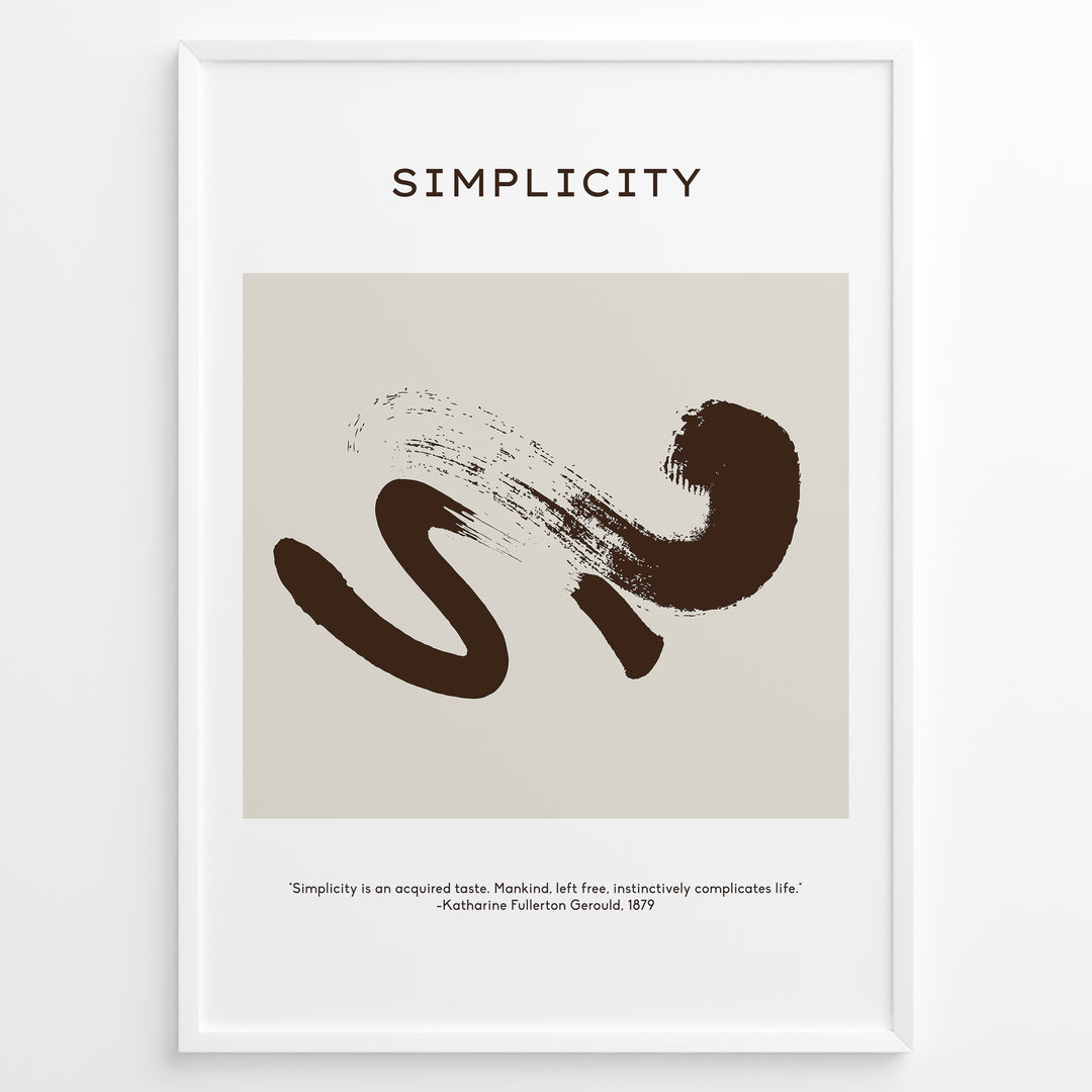 Framed “Simplicity” poster featuring a brown abstract brushstroke design on a beige background with a motivational quote at the bottom.