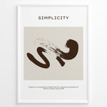 Load image into Gallery viewer, Framed “Simplicity” poster featuring a brown abstract brushstroke design on a beige background with a motivational quote at the bottom.

