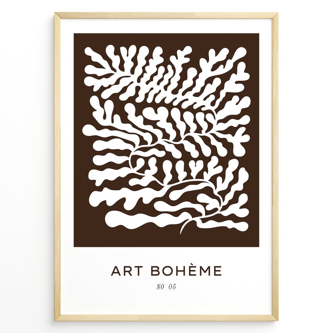Framed Art Bohème poster showing abstract white leaf patterns on a dark brown background with minimalist text at the bottom.