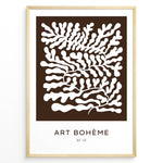 Load image into Gallery viewer, Framed Art Bohème poster showing abstract white leaf patterns on a dark brown background with minimalist text at the bottom.
