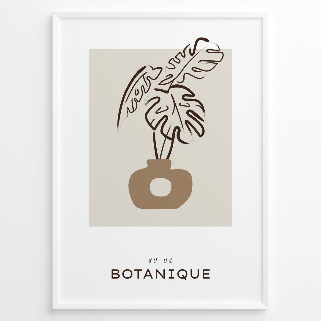 Framed “Botanique No.04” poster with abstract brown vase and plant leaf design on a beige background in a minimalist art style.