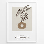 Load image into Gallery viewer, Framed “Botanique No.04” poster with abstract brown vase and plant leaf design on a beige background in a minimalist art style.
