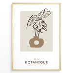 Load image into Gallery viewer, Framed “Botanique No.04” poster with abstract brown vase and plant leaf design on a beige background in a minimalist art style.
