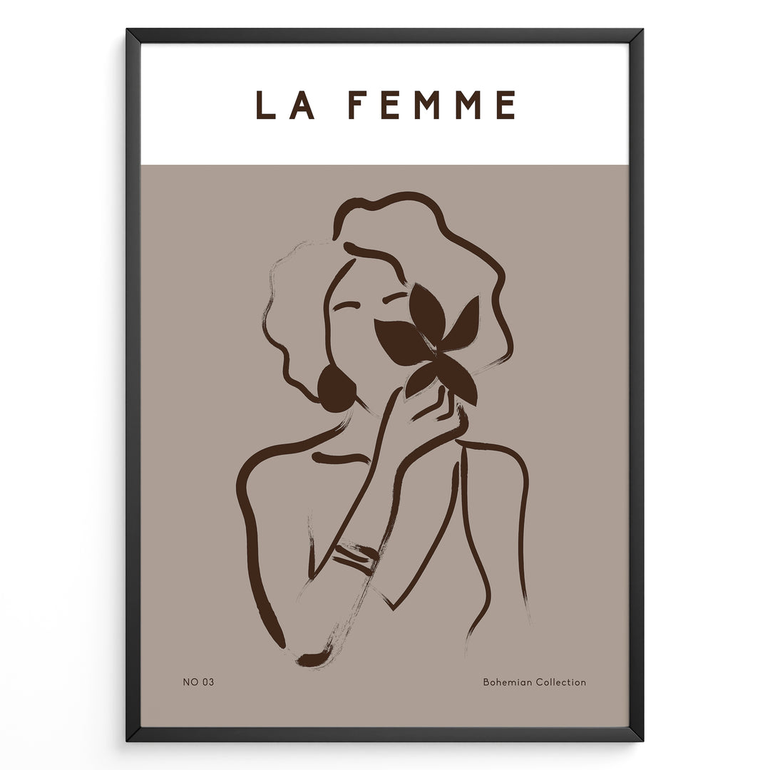 Framed “La Femme No.03” poster with minimalist brown line art of a woman holding a flower on a taupe background from the Bohemian Collection.